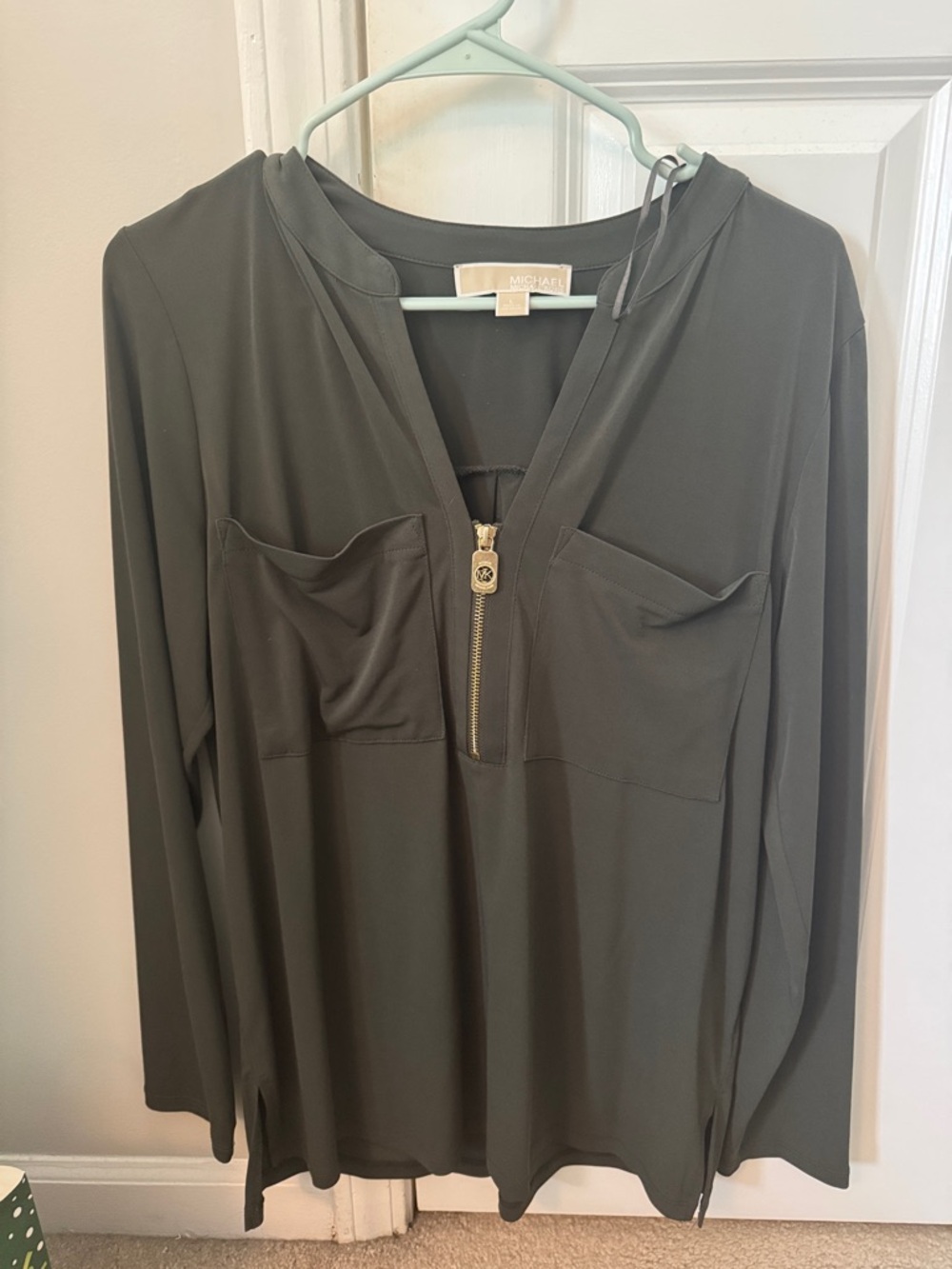 MICHAEL Michael Kors Olive Zip-Front Long Sleeve Blouse